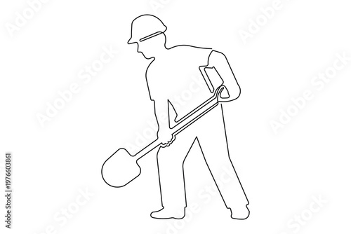 Continuous line drawing of worker with digging shovel isolated on white