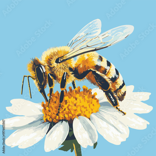 A vibrant bee collecting pollen from a beautiful daisy under a bright blue sky, showcasing nature's harmony.