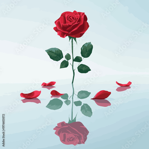 A vibrant red rose standing tall with petals scattered around, reflecting beautifully on a serene surface.