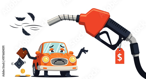 Cartoon car facing financial woes due to expensive fuel, illustrating the burden of rising gasoline prices on vehicle owners and their wallets