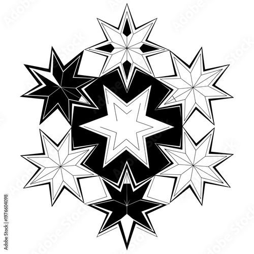 Geometric Star Snowflake Pattern, Abstract Black and White Design, Winter Holiday Motif