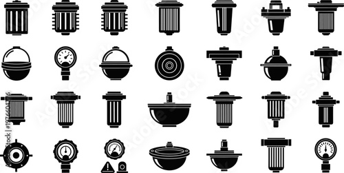 Industrial water filter and pressure gauge icon set, black vector silhouettes of filtration systems, plumbing hardware, and liquid purification equipment for technical design.