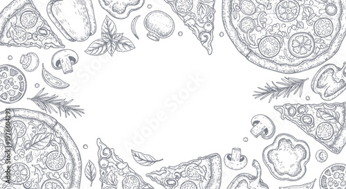 Pizza and Ingredients Sketch Frame Vector Illustration for Menu Design