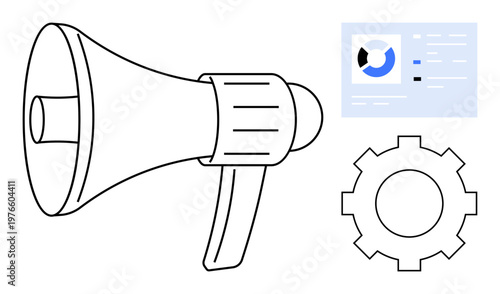 Digital marketing concept. Digital marketing with megaphone, analytics, and gear icons strategy, communication, and technology. Ideal for branding, business, content creation SEO and advertisement