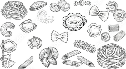 Set of various pasta types hand drawn vintage illustration vector icons