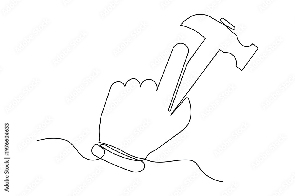 Fototapeta premium Minimalist one line art of hand holding hammer outline illustration