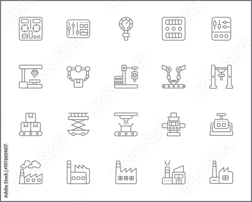 Set of factory and production icons line style. It contains such Icons as industry, manufacturing, product, packaging, assembly, machine, warehouse and other elements.