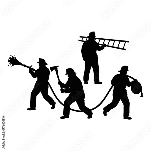 Firefighters Team Silhouettes with Equipment, Action Scene