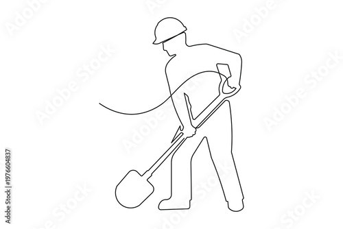 Minimalist one line art of laborer holding shovel outline illustration