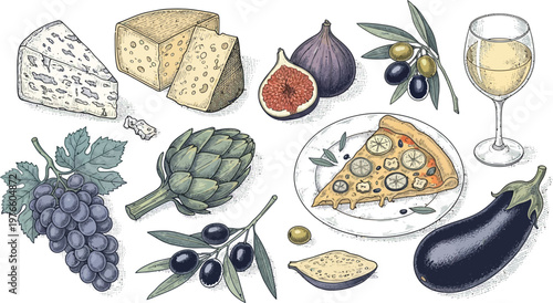 Vintage Hand Drawn Italian Food Ingredients Set Vector Illustration