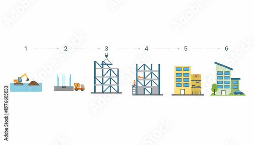 Step-by-step process of constructing a building from raw materials to a finished structure