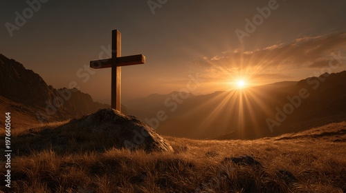 Wooden cross on rocky hill at sunrise, golden light over mountain valley, peaceful landscape with dramatic sky