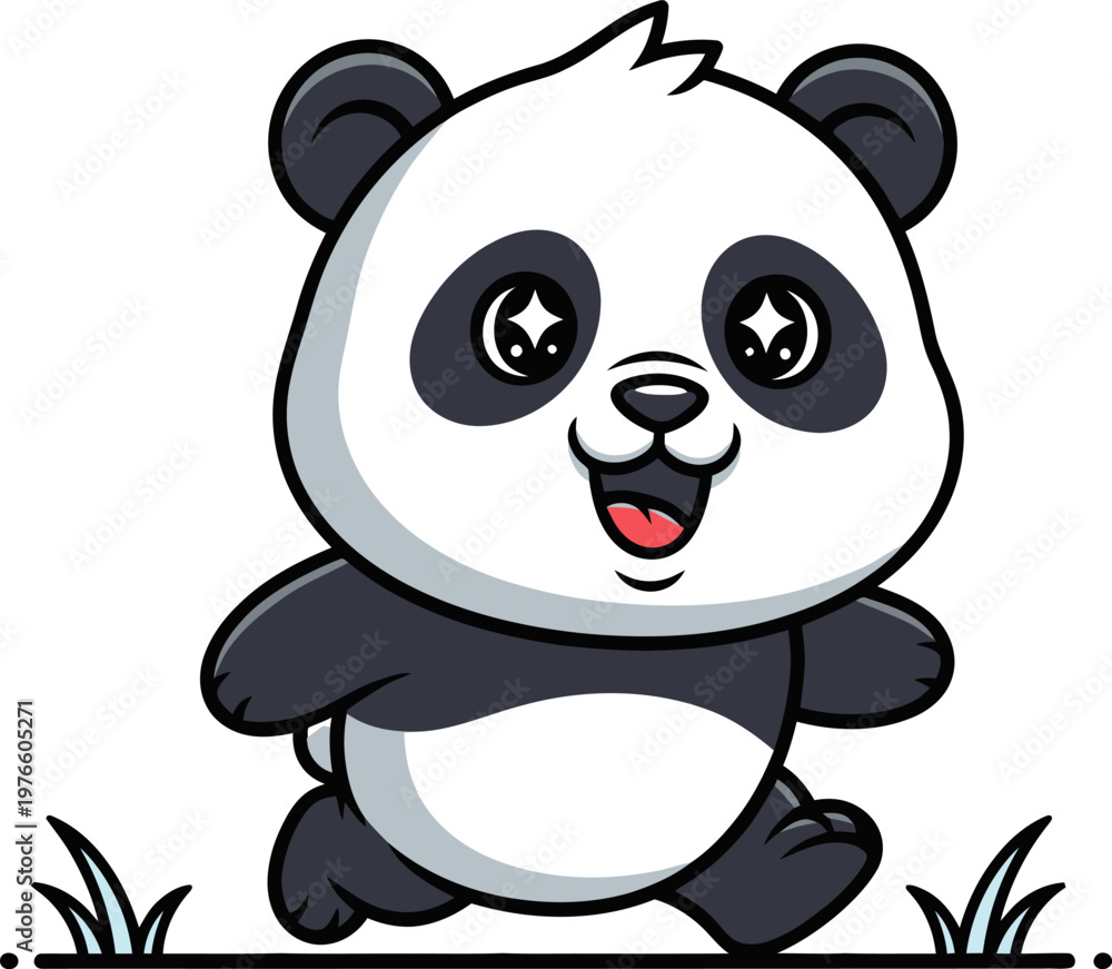 Naklejka premium Cute Cartoon Panda illustration, Happy Baby Panda Walking in Grass