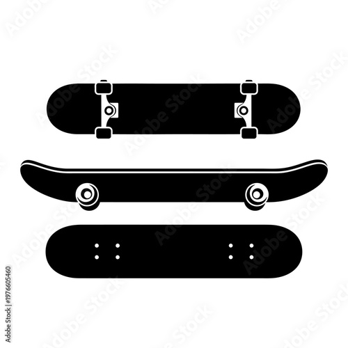 Black Silhouette of Skateboards in Top, Side, and Bottom Views