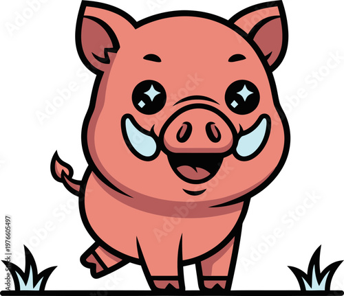 Adorable cartoon piglet with sparkling eyes and a cheerful expression, standing in grass