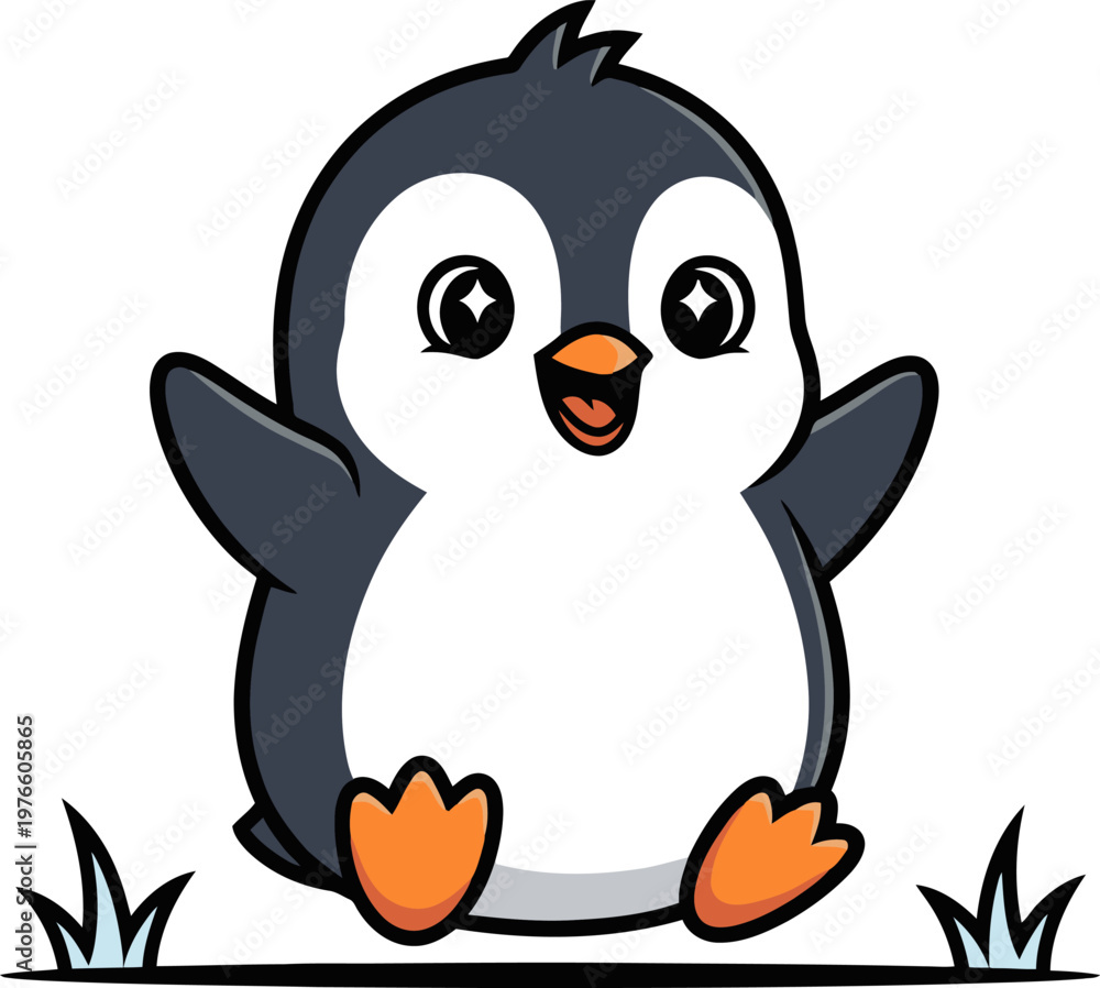 Fototapeta premium Cute cartoon penguin sitting happily on grass with arms open wide