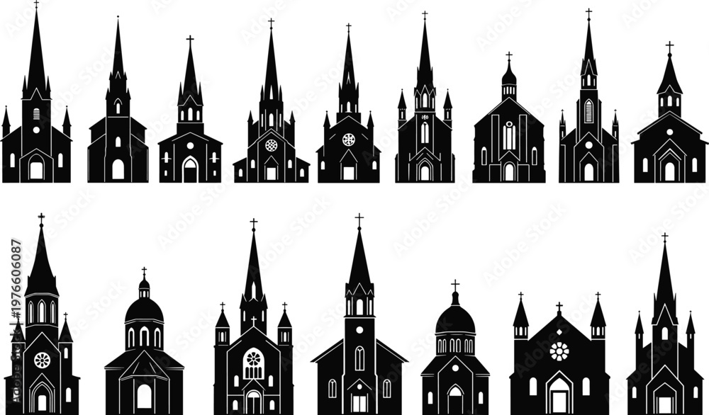 Αυτοκόλλητο Collection of Christian Church Silhouettes Featuring Gothic Architecture Tall Sp
