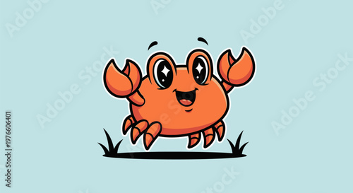 Adorable and Cheerful Cartoon Crab Character Illustration with a Big Smile, Bright Orange Claws, and Cute Eyes Standing on a Small Patch of Grass