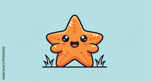 Cheerful and friendly orange starfish cartoon character illustration, standing on a patch of green grass, radiating warmth against a soft pastel blue background