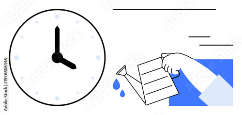 Time management, growth, productivity, goal setting, nurturing, time efficiency. A clock and a hand holding a watering can pouring water. Time management and growth