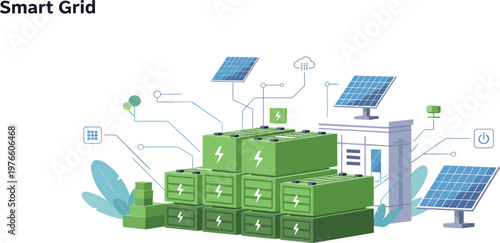 Smart Grid and Renewable Energy Icon Set Featuring Solar Panels Energy Storage and Connected Power Systems