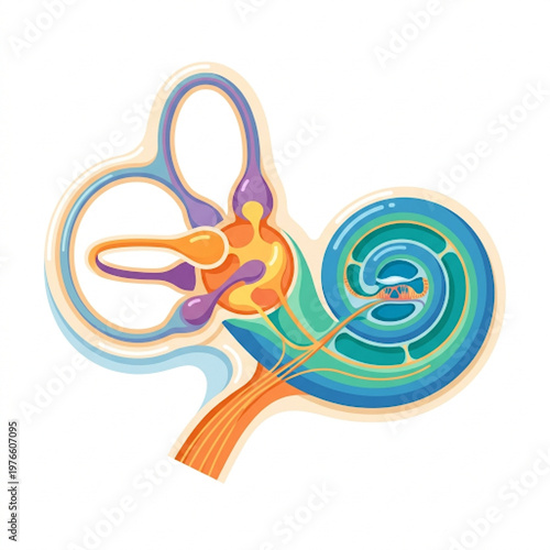 Inner Ear Anatomy Structure Illustration, Cochlea and Semicircular Canals Vector, Flat 2.0 Style Medical Diagram