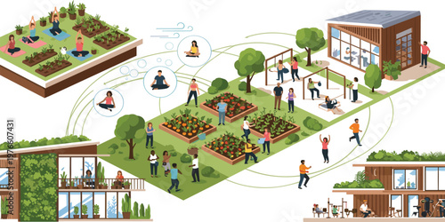 Sustainable Urban Wellness and Green Living Icon Set Featuring Community Gardens Yoga, Fitness, and Eco-Friendly Living Spaces