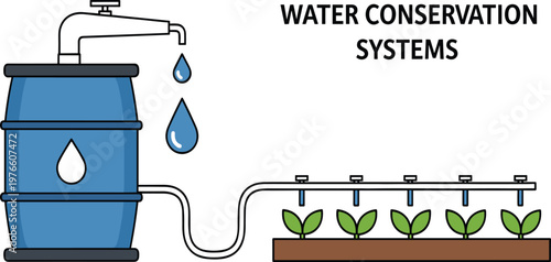 Water Conservation Systems Icon Featuring Rain Barrel and Drip Irrigation for Sustainable Water Usage