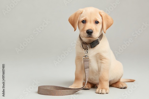Cute realistic puppy sitting with collar and leash attached, isolated on white, pet training and walking concept