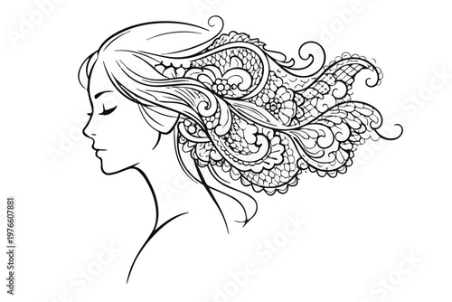 Clean vector art of a woman’s head with hair transforming into floral and leafy patterns, featuring balanced composition and gentle details, capturing a calm abstract style.
