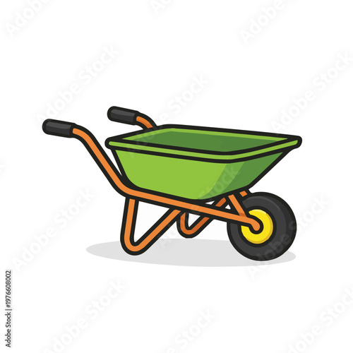 Clean vector art of a wheelbarrow for moving soil in an industrial setting, featuring balanced composition and neat lines, highlighting its role in construction and earthwork.