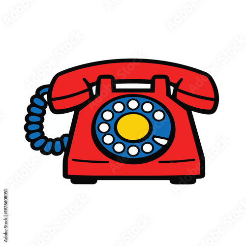 Minimalist vector artwork of a red retro telephone, created with smooth shapes and simple outlines, expressing classic design, nostalgia, and timeless communication.