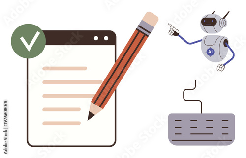 Content creation, digital education, artificial intelligence, virtual assistance, online communication, smart tools. Robot highlighting a document, pencil and keyboard. Content creation and digital