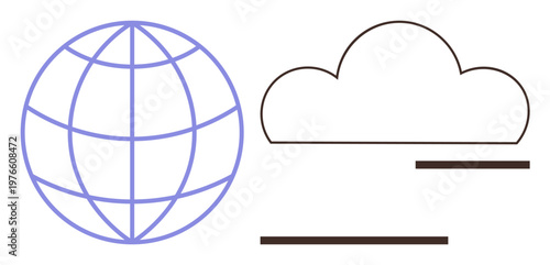 Data storage, global communication, internet services, cloud solutions, digital transformation, networking. Globe and cloud symbols with lines. Global communication and cloud solutions concept