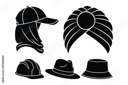 Collection of black and white silhouettes of diverse headwear styles