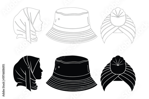 Collection of headwear silhouettes with headwear accessory clothing headscarf