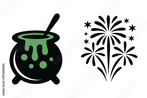 Halloween cauldron with bubbling green potion and festive fireworks display