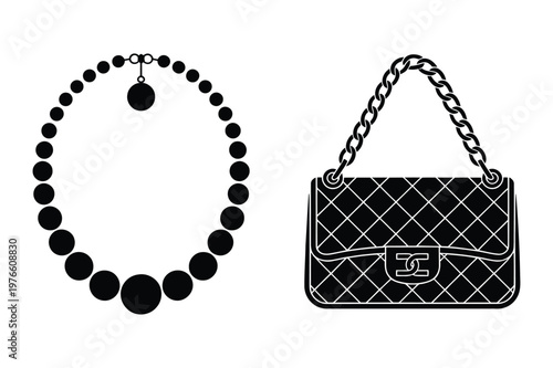 Elegant pearl necklace and a quilted designer handbag with chain strap, necklace