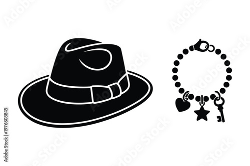 Fedora hat and charm bracelet with heart star key charms headwear accessory