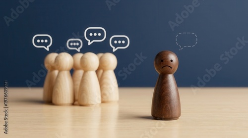 Social discrimination and bullying depicted by a lonely wooden figure excluded from its group, highlighting isolation in school or society.