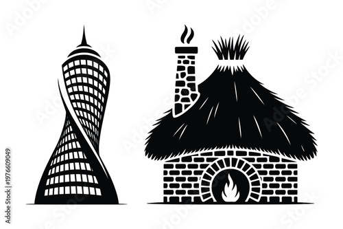 Modern twisted skyscraper and rustic thatched roof cottage with oven vector