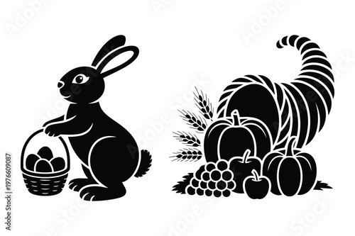 Canvastavla Easter bunny with basket and autumn harvest cornucopia with pumpkins and grapes