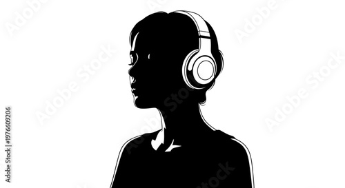 Silhouette of a person wearing large headphones, listening to music with a focused expression.