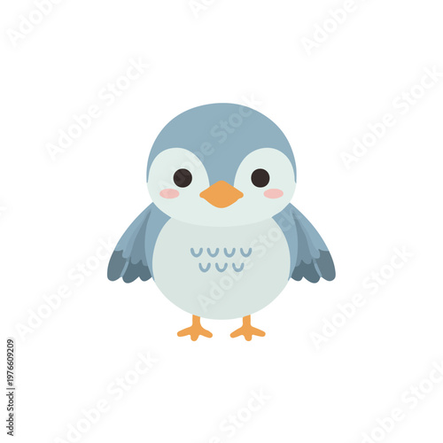 Cute baby penguin chick illustration, adorable blue bird character in flat vector style for kids