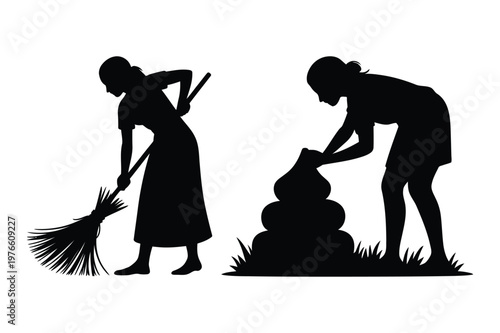 Silhouettes of women sweeping with broom and collecting trash for community