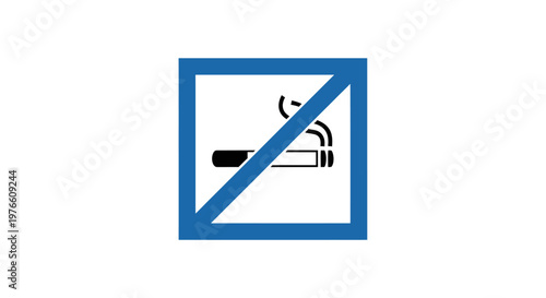 A clear blue square with a diagonal red line indicating no smoking, featuring a cigarette icon.