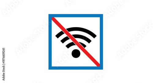 A graphic symbol indicating no Wi-Fi connection, featuring a standard Wi-Fi icon crossed out with a red line inside a blue square.