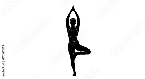 Silhouette of a woman performing the Vrksasana yoga pose, also known as the Tree Pose, with her arms raised above her head.