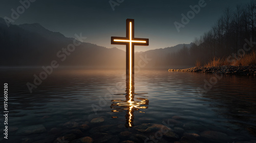 Glowing cross in calm water at dusk with mountain silhouette and reflection, spiritual landscape with serene light