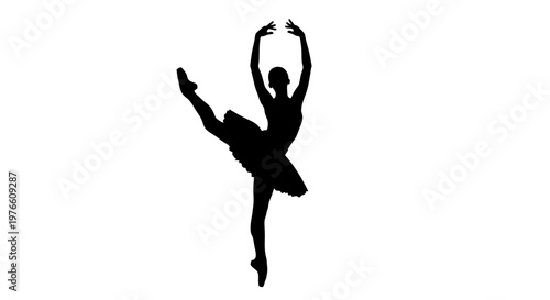 Silhouette of a graceful ballerina performing an arabesque pose on a white background, showcasing elegant movement and artistic expression.